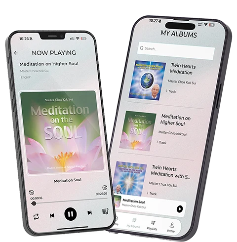 The Pranic Healing Sound app on two phones, showing the Meditation on the Soul now-playing screen and the My Albums list